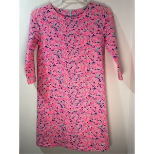 Vineyard Vines girls hot pink whale print 3/4 sleeve zip back dress size L #40-1